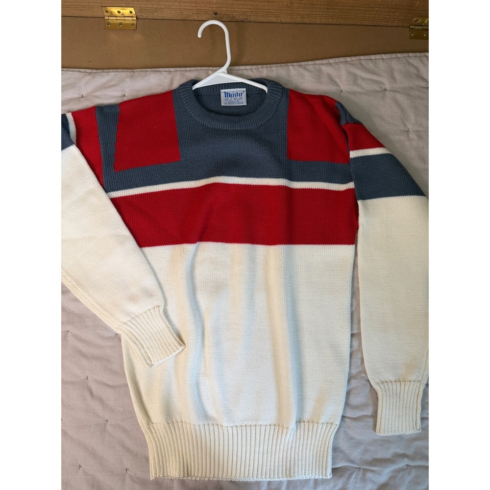 VTG Meister Mens Ski Sweater Medium Colorblock Navy‎ Red Cream Knit Pullover 80s